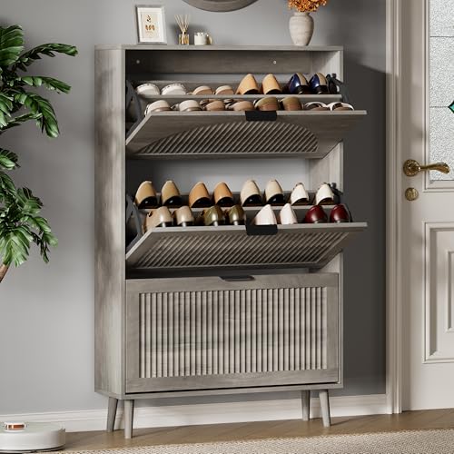 Xixini Shoe Storage Cabinet with 3 Flip Drawers, 50" Tall Narrow Wood Fluted Shoe Organizer for Entryway, Freestanding Wooden Hidden Slim Shoe Rack for Front Door Entrance, Hallway, Foyer, Light Grey - color: Light Grey, size: 3 Flip Drawers