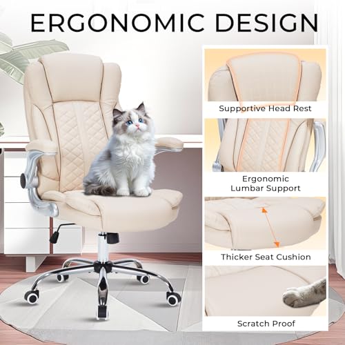 400lbs Executive Office Chair with Flip-Up Armrests, Big and Tall Computer Chair for Heavy People, Heavy Duty Ergonomic Comfy Chair, Breathable PU Leather (Cream) - color: Cream