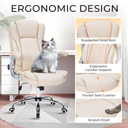 400lbs Executive Office Chair with Flip-Up Armrests, Big and Tall Computer Chair for Heavy People, Heavy Duty Ergonomic Comfy Chair, Breathable PU Leather (Cream) - color: Cream