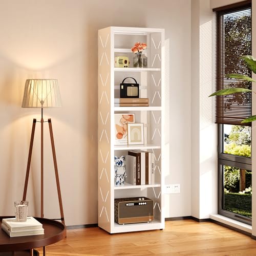 SteeLoong 5 Tier Bookcase,Metal Bookshelf with Adjustable Feet & Shelves | 55"H White Book Shelf with Bookends,Narrow Bookcase for Small Places,Modern Open Bookshelf for Home Office,Kitchen,Garage - color: White, size: 5-Tier 16"W