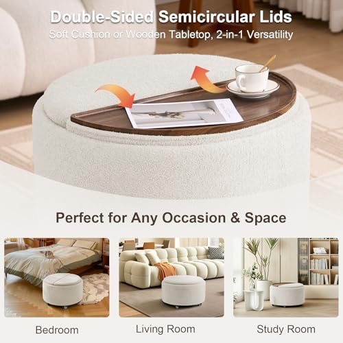29.5" Round Storage Ottoman Coffee Table, Dual Reversible Lids, Beige | Round Ottoman Coffee Table, Swivel Casters, Hidden Storage, Dual Lift-Off Lids, Teddy Fabric, Living Room, Bedroom - color: Beige