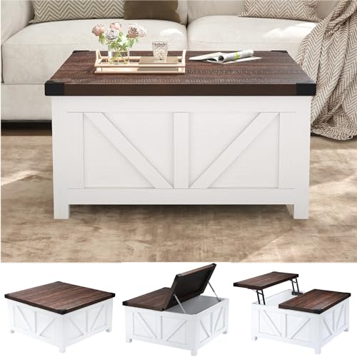 jimeimen Farmhouse Lift Top Coffee Table with Storage, Wood Square Center Table with Charging Station&USB Port, Living Room Table w/Large Hidden Space, for Living Room, Bedroom, Home Office, White - color: White