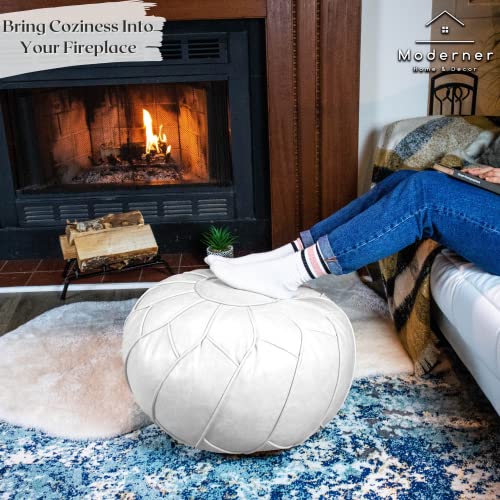 Moderner Faux Leather Pouf Unstuffed Ottoman Moroccan Footstool, Floor Footrest Cushion, Storage Solution - Natural Brown Color (White, Round) - color: White