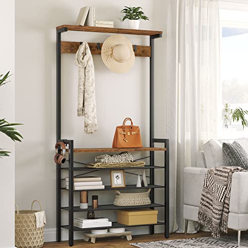 HOOBRO Hall Tree with Bench, Coat Rack with Shoe Storage, Shoe and Coat Rack, 5-Tier Entryway Shoe Storage, 5 Hooks, for 12-16 Pairs, Industrial, Hallway, Foyer, Mudroom, Rustic Brown BF74MT01