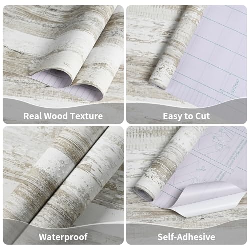 WENMER White and Brown Rustic Wood Wallpaper 17.3"x118" (14.1 sq.ft.) Distressed Shiplap Contact Paper Peel and Stick Waterproof Self Adhesive for Cabinets Countertops Vinyl Roll - size: 17.3" x 118"