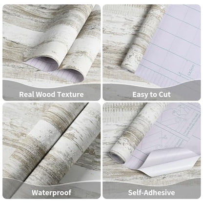 WENMER White and Brown Rustic Wood Wallpaper 17.3"x118" (14.1 sq.ft.) Distressed Shiplap Contact Paper Peel and Stick Waterproof Self Adhesive for Cabinets Countertops Vinyl Roll - size: 17.3" x 118"