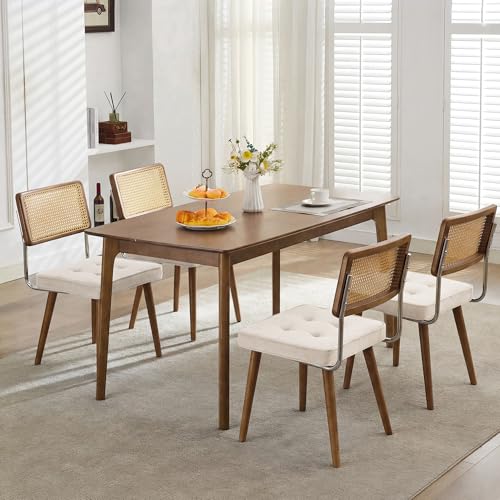 GarveeHome Natural Rattan Dining Chairs Set of 4, Linen Upholstered Kitchen Chairs with Tall Cane Backrest and Strong Wood Legs for Dining Room, Kitchen, Restaurant, Beige - color: Beige, size: 4 PCS