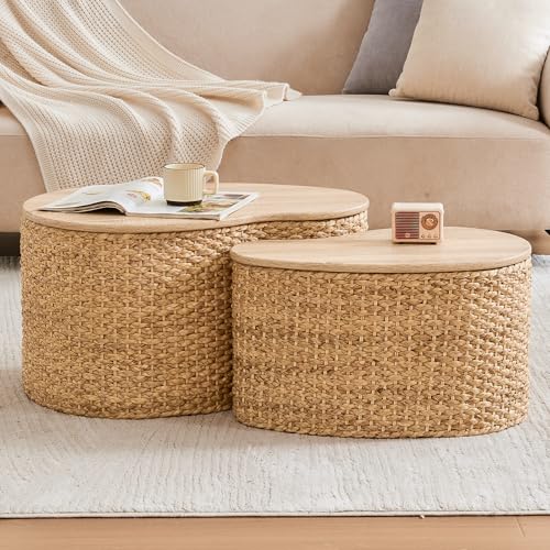 Cloud Nesting Coffee Table Set of 2 with Storage - Handwoven Wicker Rattan Ottoman Style, Boho Coastal Coffee Tables for Living Room, Rattan Coffee Table with Cover & Soild Wood Frame - color: Light Natural - Heart Shape