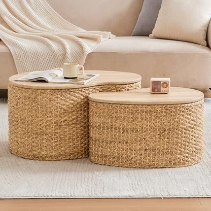 Cloud Nesting Coffee Table Set of 2 with Storage - Handwoven Wicker Rattan Ottoman Style, Boho Coastal Coffee Tables for Living Room, Rattan Coffee Table with Cover & Soild Wood Frame - color: Light Natural - Heart Shape