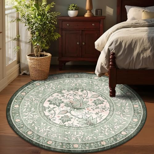 GarveeHome Sage Green Botanical Grove 6ft Round Rug, Small Circle Vintage Cottagecore Soft Low-Pile Non-Slip Washable Rugs for Living Room Bedroom Nursery Kitchen Retro Carpet - color: Sage Grove, size: 6 ft (Round)