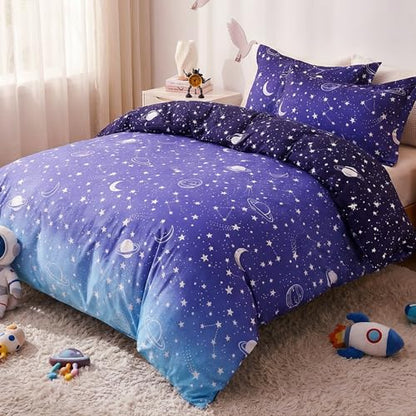 JSD Blue Stars Space Theme Kids Boys Duvet Cover Set Full Size | 3 Piece Soft Printed Microfiber Duvet Cover with Pillow Shams Zipper Closure, Comforter Not Included, Oeko-Tex Certified - color: Blue Stars, size: Full