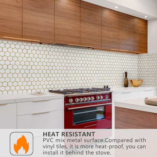 STICKGOO Hexagon Peel and Stick Backsplash Tile, Stick on Backsplash for Kitchen and Bathroom, Pure White PVC Mixed Metal Gold Self Adhesive Wall Tiles(10 Sheets, Seamless) - color: Pure White with Metal Gold
