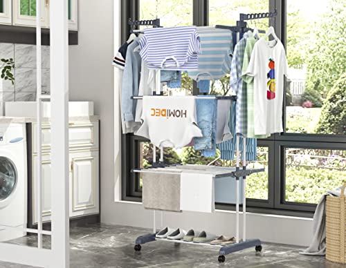 HOMIDEC Clothes Drying Rack, 4-Tier(67.7" H) Foldable Drying Rack Clothing | Foldable Stainless Steel Drying Rack, Movable Laundry Drying Rack with 4 Castors and 14 Hooks for Bed Linen, Clothing, Grey - color: Gray
