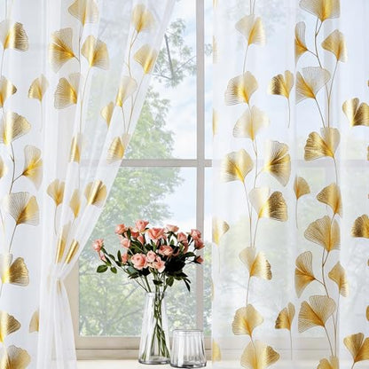 Gold Foil Print Sheer Curtains 96 inches Long, 2 Panels Ginkgo Bronzing Treatment Sheer Curtain, Rod Pocket Window Treatment Panels for Bedroom Living Room - color: Ginkgo/Gold/White, size: 42"W x 96"L (Pack of 2)