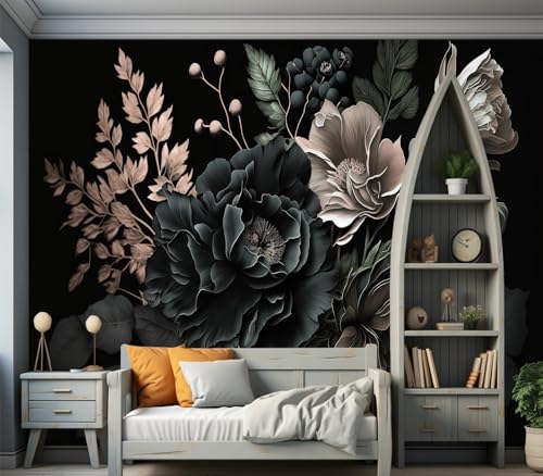 Eierme-Black Background with Flowers and Leaves Mural Wallpaper Peel and Stick 160" x 114" - color: No.14, size: 160" x 114"