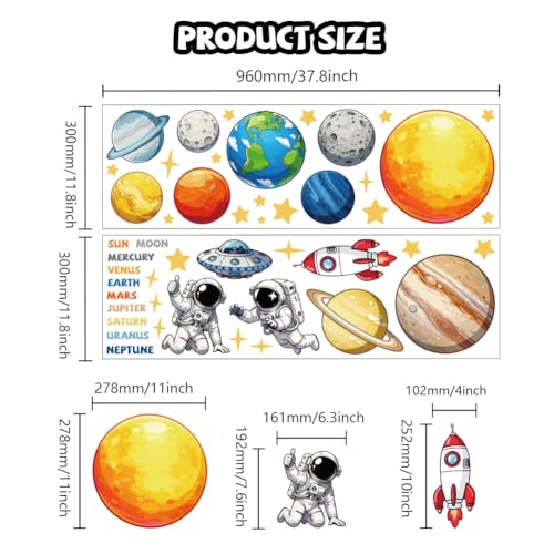 Solar System Wall Decals, Wall Stickers Decor | 2 Sheets 11.8"x37.8" Vinyl Removable Peel and Stick Murals, Plant Decor for Bedroom, Bathroom, Office, Classroom & Home - style: Solar System