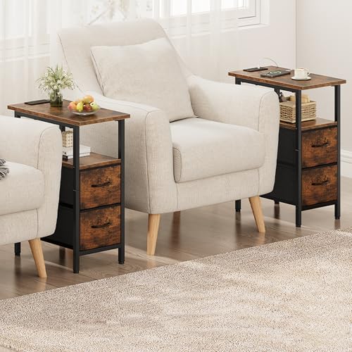 Set of 2 Nightstand with Charging Station and LED Lights, Narrow Side Table, LED Night Stand with 2 Fabric Drawers, Bedside Table Small End Table, Tall Nightstand for Bedroom, Rustic Brown - color: Rustic Brown, size: 2, style: With LEDs