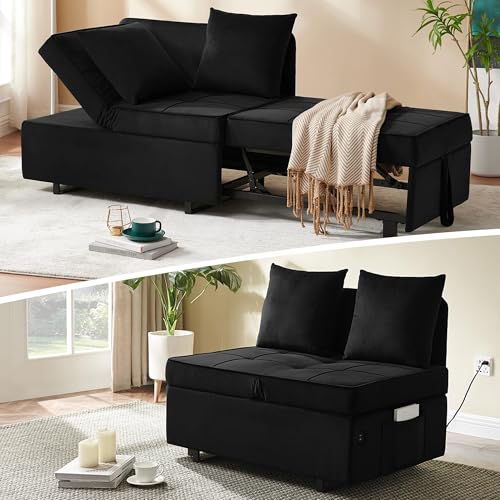 Convertible Sofa Bed 4-in-1 Pull Out Couch, Ottoman Bed Sleeper, Black | Velvet Love seat Couch Sleeper Chair Bed with USB Ports, 5 Adjustable Backrest and Pillow for Living Room Apartment Office - color: Black