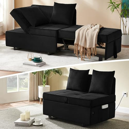 Convertible Sofa Bed 4-in-1 Pull Out Couch, Ottoman Bed Sleeper, Black | Velvet Love seat Couch Sleeper Chair Bed with USB Ports, 5 Adjustable Backrest and Pillow for Living Room Apartment Office - color: Black