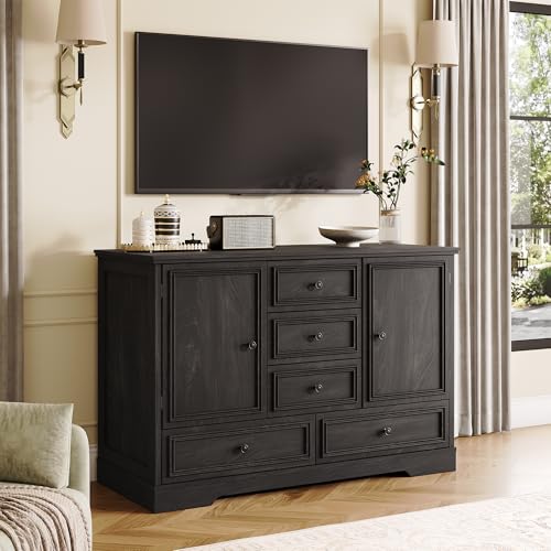 GarveeHome 47" Farmhouse Sideboard Buffet Cabinet,Sideboard Storage Credenza with 5 Drawers and 2 Doors,Wood Coffee Bar Cabinet,Buffet Table for Dining Room Living Room,Black01 - color: Black01