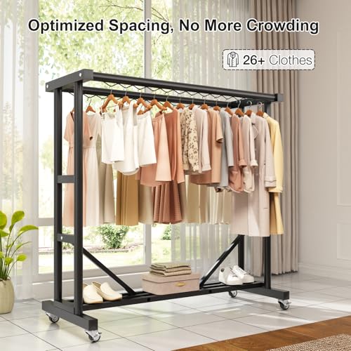 Heavy Duty Clothes Rack, Thickened Stainless Steel Frame, Black | Thickened stainless steel frame, high load capacity, home & commercial, rust-resistant, stable without wobbling - color: Black