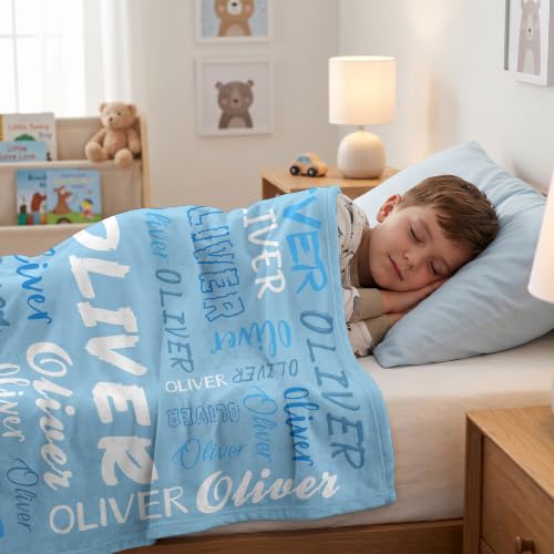 Personalized Blanket with Name, Custom Name Blanket Gifts for Kids Adults Boys Girls Teen, Soft Customized Fleece Flannel Throw for Bedroom Living Room, Birthday Christmas - color: Light Sky Blue