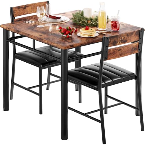 IRONCK Dining Table Set for 2, Rustic Brown | Small Kitchen Table with Upholstered Chairs, Compact Dining Set for Small Spaces, Kitchen & Dining Room - color: Rustic Brown