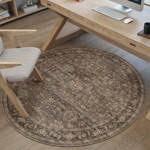 3x3 Dark Brown Vintage Round Rug | Washable, Non Slip, Soft Low Pile, Traditional Farmhouse, for Dining Room Entryway Living Room Bedroom Indoor - color: Brown, size: 3' (Round)