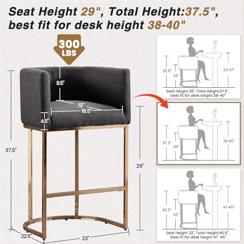HNY Modern Barrel Counter Height Bar Stools Set of 2, 29 Inch Charcoal Linen Kitchen Barstools with Back for Island, with Gold Metal Tubular Frame - color: 29inch Charcoal,gold Base