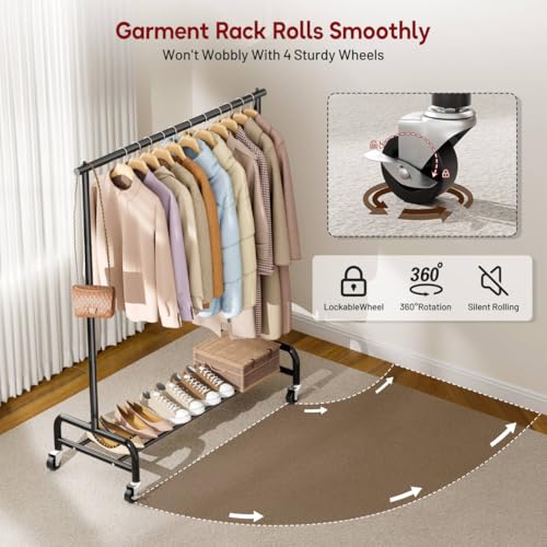 SLEEPING LAMB Heavy Duty Clothing Racks for Hanging Clothes Rack, 43" Wide Rolling Garment Rack Metal Clothing Hanger Rack with Wheels Wardrobe Rack for Coats, Shirts, Dress, (Black) - color: Black, style: Single Rod