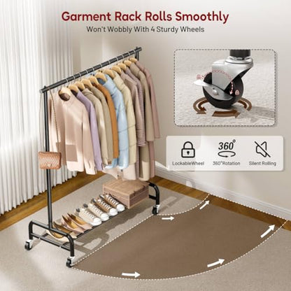 SLEEPING LAMB Heavy Duty Clothing Racks for Hanging Clothes Rack, 43" Wide Rolling Garment Rack Metal Clothing Hanger Rack with Wheels Wardrobe Rack for Coats, Shirts, Dress, (Black) - color: Black, style: Single Rod