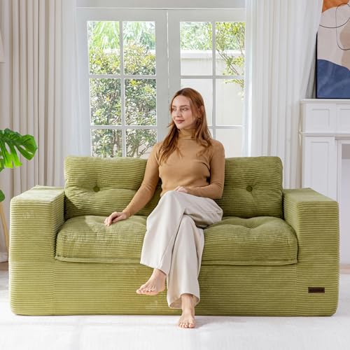 MAXYOYO 63" Boneless Sofa Couch, 2-Seater Cloud Couch Floor Loveseat for Small Space with Pillows, Tufted Floor Sofa with Layered Cushion for Apartment & Lounge, No Assembly Required, Green - color: Puffinest Style Green, size: 63" Loveseat
