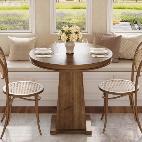 LITTLE TREE Solid Wood Round Dining Table, 31.5" Small Kitchen Table for 2, Modern Farmhouse Dinner Table for Dining Room, Kitchen, Living Room, Artistic Geometric Base, Table Only (Warm Walnut Brown) - color: Warm Walnut Brown