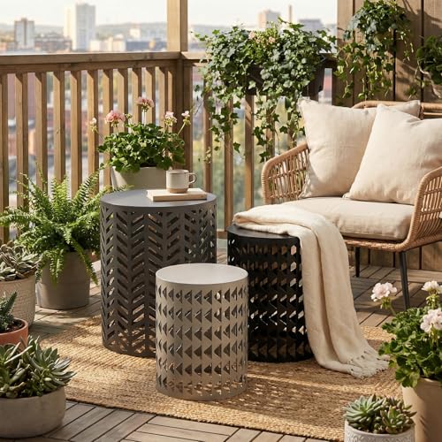 Round Coffee End Tables Set of 3 for Home Office Indoor Garden Outdoor | ZOMEYLPO Multifunctional Nesting Outdoor Side Table,Modern Furniture Nightstands Decor Side Tables Stand Metal Black Gray