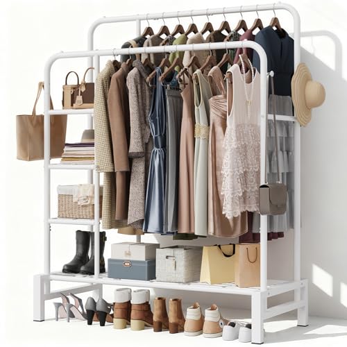 Clothes Rack for Hanging Clothes, Clothing Rack with shelves, White | Double Clothing Rack with 3 Tier Storage Shelves, Multifunctional Heavy Duty Garment Rack for Bedroom Laundry Wardrobe Closet - color: White