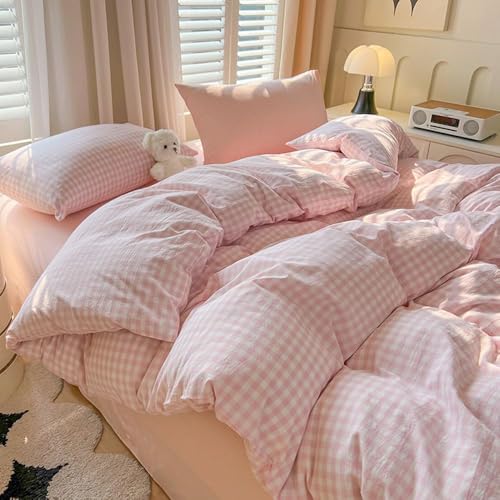 Nayoroom Gingham Duvet Cover Set Twin Pink White Plaid Checkered Bedding | Coquette Modern Farmhouse, Dorm Bedding, Soft Breathable Washed Microfiber, All-Season Comfort, Hidden Zipper, 4 Corner Ties - color: Pink Gingham, size: Twin