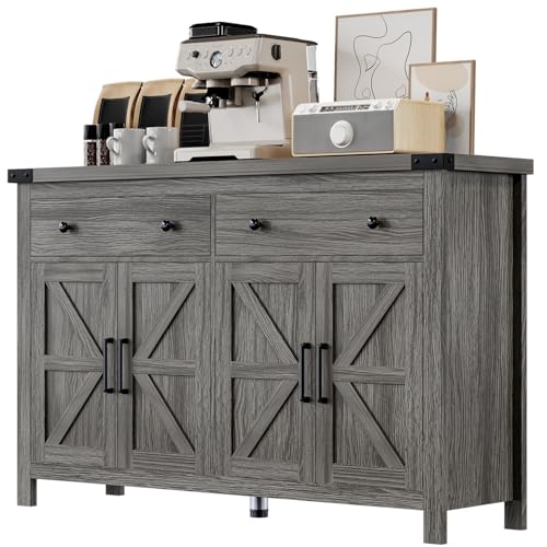 VVFLU 55" Sideboard Buffet Cabinet with Storage, Coffee Bar Cabinet with 2 Drawers and 4 Barn Doors, Long Storage Cabinet Modern Farmhouse, Grey Wood, for Kitchen, Dining Room, Living Room - color: Grey/Wood, size: 15.7"D x 55.1"W x 35.4"H
