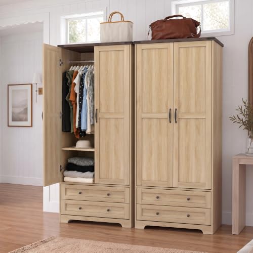 71" Wooden Armoire Wardrobe Closet Set of 2, 4 Doors & 4 Drawers | Modern Tall Storage Cabinet with 2 Adjustable Shelves and Hanging Rail, Sturdy Freestanding, Wide Drawers, For Bedroom - color: Natural, size: 71" - 4 DOORS