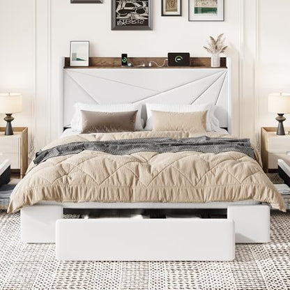SHA CERLIN Full Bed Frame, Storage Headboard with Drawers, Charging, White | Velvet Upholstered Bed, Modern Wingback Headboard, 3 Drawers, USB Charging Station, No Box Spring Needed, Easy Assembly - color: White, size: Full