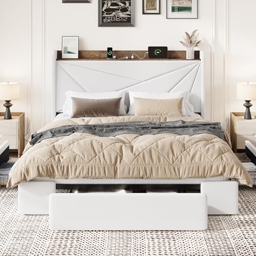 SHA CERLIN Queen Bed Frame, Storage Headboard with Drawers, Charging, White | Velvet Upholstered Bed, Modern Wingback Headboard, 3 Drawers, USB Charging Station, No Box Spring Needed, Easy Assembly - color: White, size: Queen