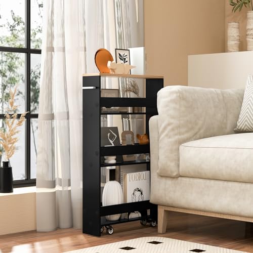 Slim Storage Cart, 4-Tier Rolling Cart with Handle & Wooden Top for Kitchen Bathroom Laundry Living Room Narrow Small Spaces, 5 Inches Width (Black & Natural) - color: Black & Natural