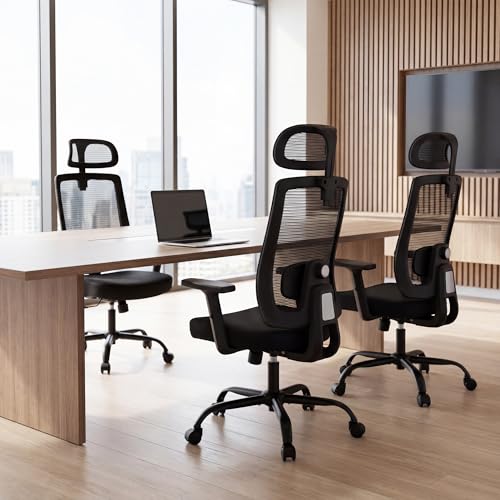 Office Chair with Mesh High Back, Ergonomic Office Desk Chair with Adjustable Lumbar Support, Rolling Work Chairs with Wheels and 3D Headrest, Black - color: Black