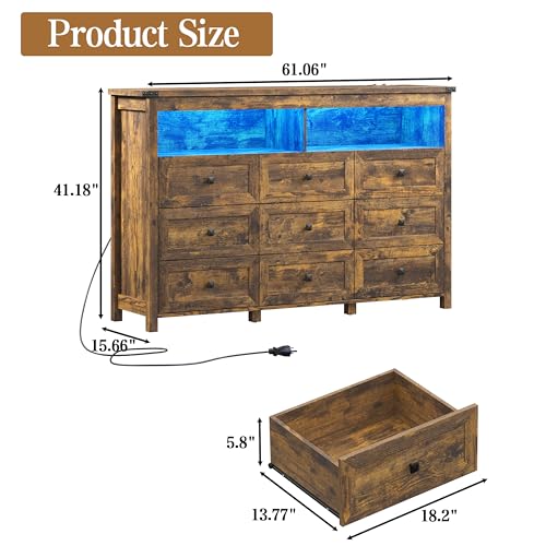 9 Drawer Dresser for Bedroom with LED Lights, Charging Station, Wood Chest of Drawers with Metal Handles, Modern TV Stand & Storage Organizer for Living Room, Hallway, Brown - color: Brown, style: LED 9 Drawers