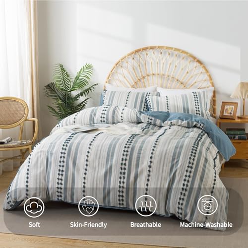 Washed Cotton Full Size Duvet Cover Set - Tufted Dots Boho Chic Bedding for All Seasons, Striped Bohemain Bedding Linen Like Textured Breathable Durable Soft Comfy (Blue, 89''x90'') - color: Blue, size: Full