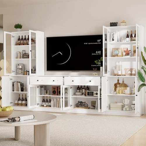 TUSY 71" TV Stand Storage Set - 2 Tall Bookcases & 2 Side Cabinets, Media Console with Glass & Wood Doors, Entertainment Center with Drawers, Tall Media Console for Living Room (White, AFFA) - color: White