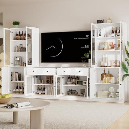 TUSY 71" TV Stand Storage Set - 2 Tall Bookcases & 2 Side Cabinets, Media Console with Glass & Wood Doors, Entertainment Center with Drawers, Tall Media Console for Living Room (White, AFFA) - color: White