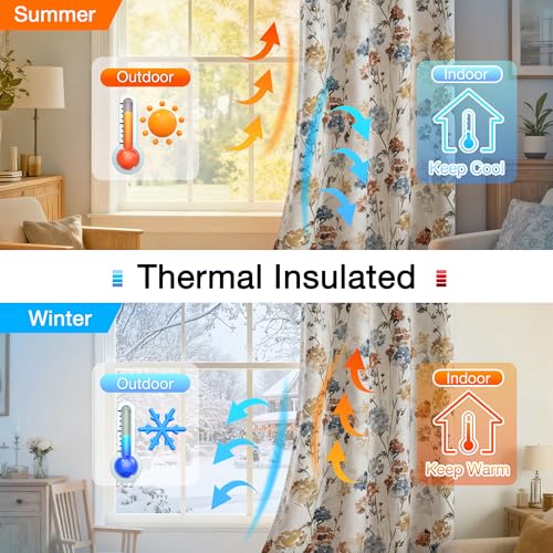MYSKY HOME 100% Blackout Linen Floral Curtains 90 Inch Long 2 Panels Farmhouse Pattern Printed Double Layer Thermal Insulated Soundproof Drapes for Living/Dining Room, Yellow, 52" Wide Each Panel - size: 52"W x 90"L (Pack of 2)