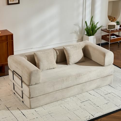 Convertible Sleeper Sofa Bed with Cylindrical Pillows, Corduroy Folding Mattress Couch, Fixed-Shape Metal Frame,Floor Lounge Loveseat for Living Room,Bedroom,Apartment,Guest Space (Beige,Couch) - color: Beige, size: 77.95"L x 35.43"W x 26.77"H