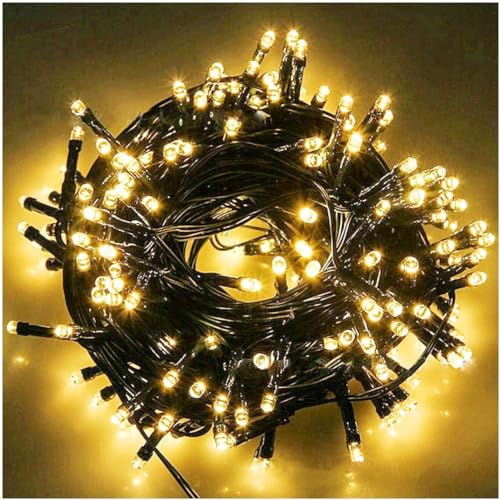 33ft Black Wire 100 LED Plug in Fairy Lights String Indoor Outdoor Decor | Blacklight Glow Warm Yellow Decorative Lights for Backyard, Garden Tree, Wedding Party, Patio, Christmas, Holiday Hanging - color: Warm White-Black
