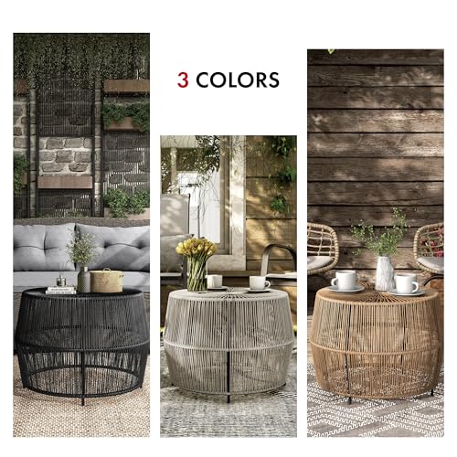 Furniture of America Ysar Boho Rattan Round Coffee Table Outdoor with Metal Frame, All-Weather and Rust Resistant, Handcrafted Coastal Furniture for Patio, Poolside, Garden, Yard, Gray - color: Grey/18.9 In.